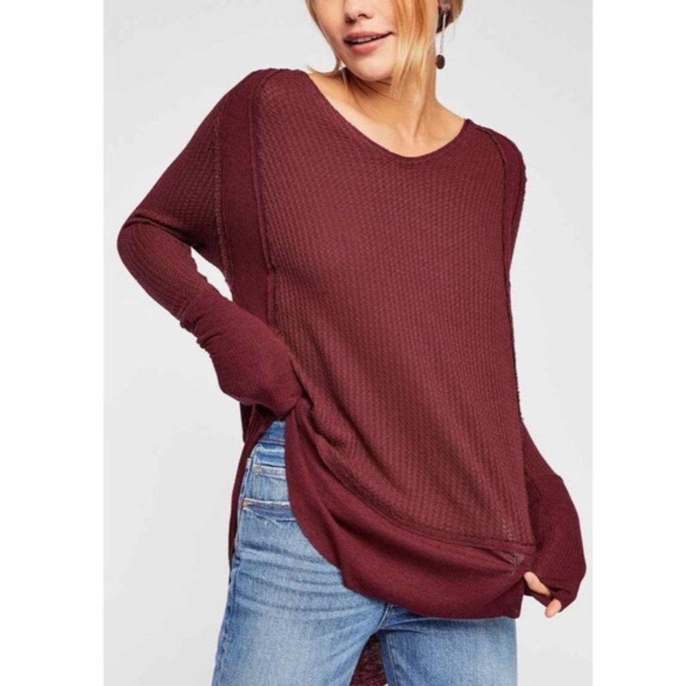 Free People Burgundy Long Sleeve Top